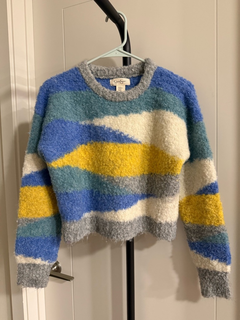Cozy Multicolor Striped Crewneck Sweater - Blue, Yellow & Cream